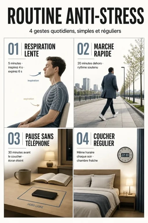 Comment réduire le stress quotidien avec respiration lente, marche rapide et sommeil régulier