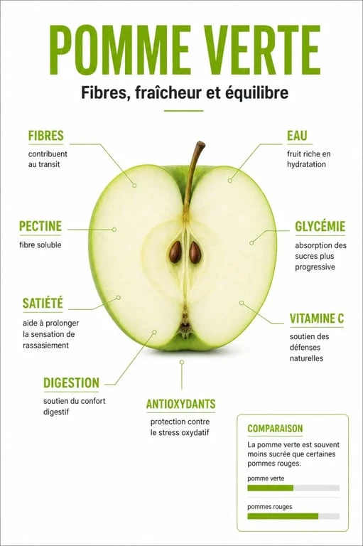 Pomme verte bienfait : infographie des fibres, de la satiété et de la glycémie
