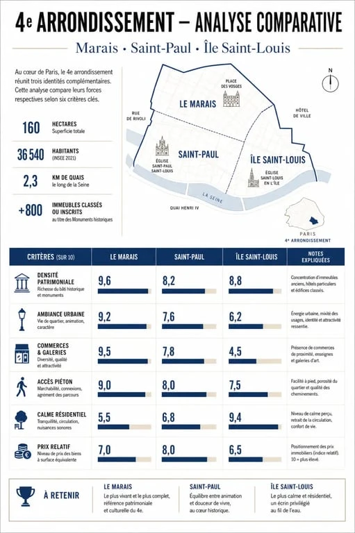 Infographie comparative des quartiers du 4e arrondissement pour un chasseur immobilier Paris 4
