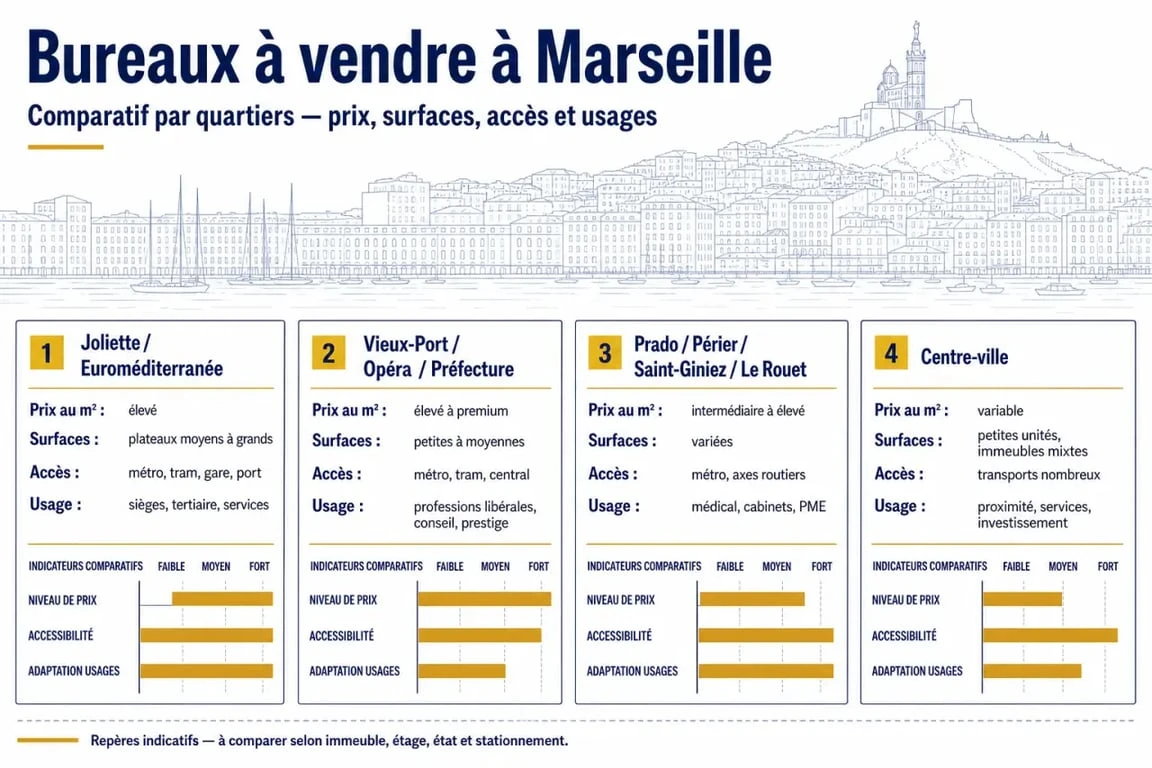 Achat bureaux Marseille : comparaison visuelle des quartiers, des surfaces et des prix au m²