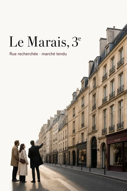 Chasseur immobilier paris 3 dans une rue du Marais à Paris, façades anciennes et ambiance résidentielle