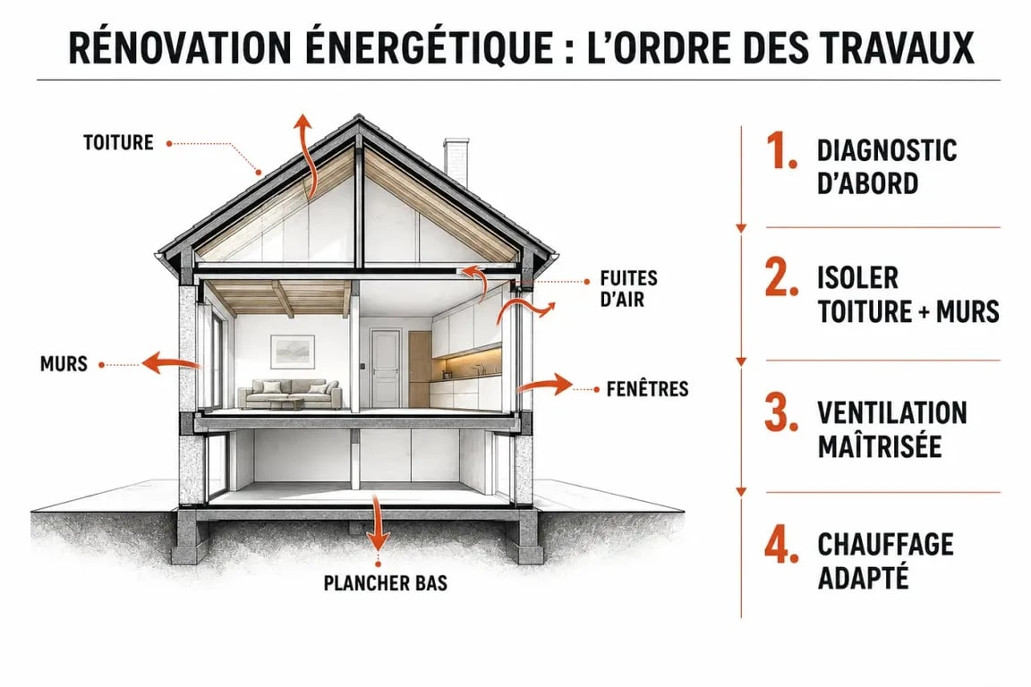 Illustration de rénovation énergétique maison montrant les pertes de chaleur et l'ordre des travaux