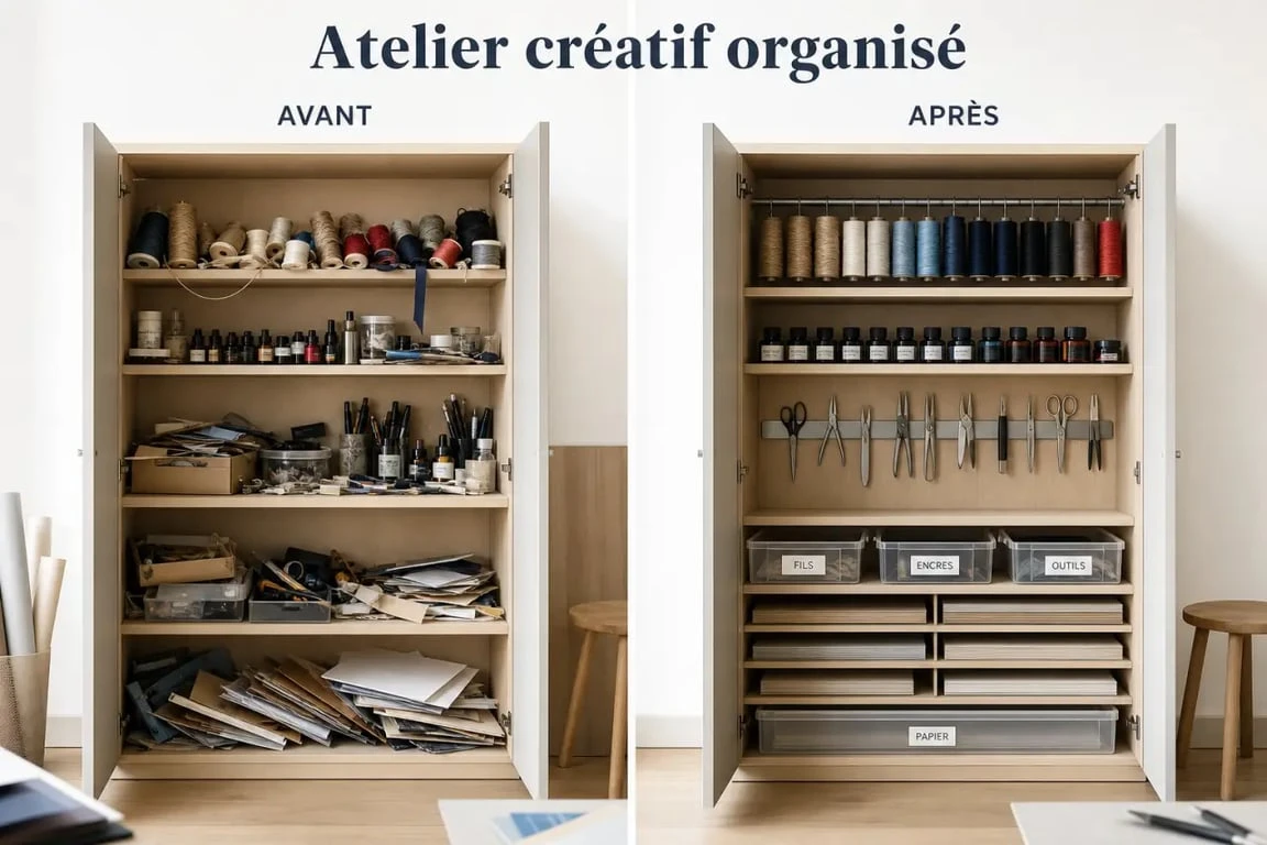 Armoire rangement loisirs créatifs : avant/après d’un atelier bien organisé