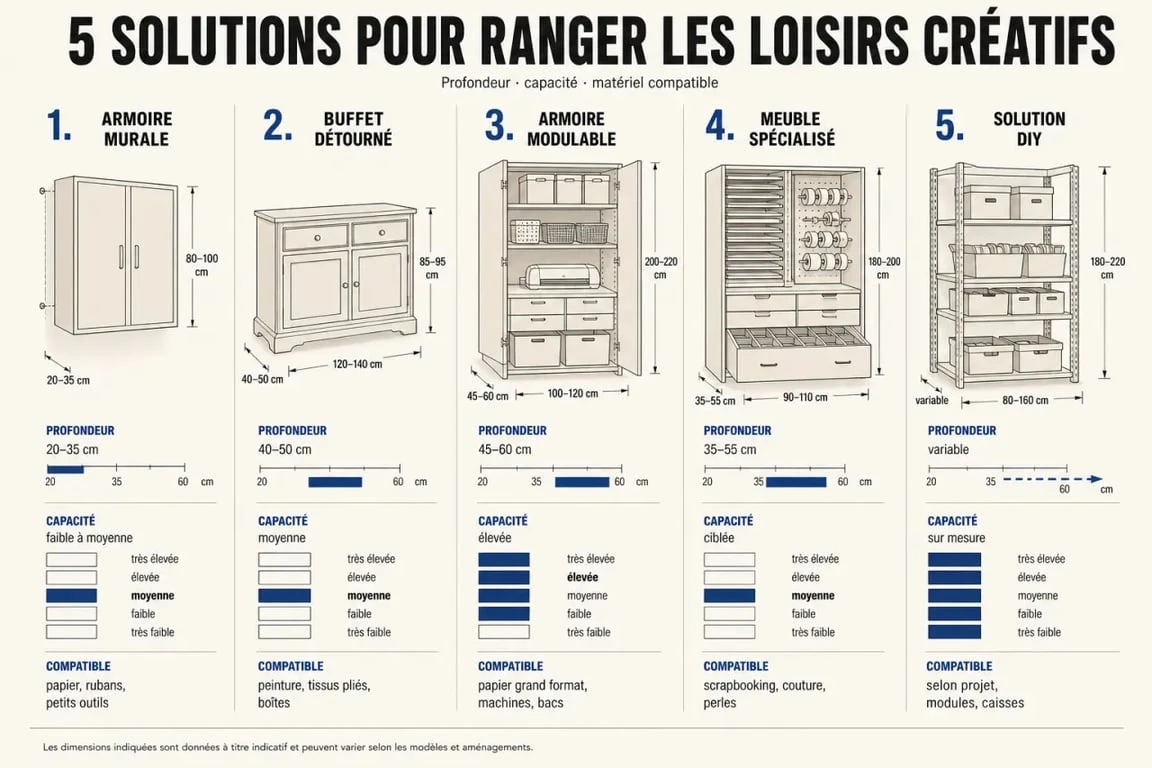 Armoire rangement loisirs créatifs : comparatif visuel des solutions de rangement et de profondeur