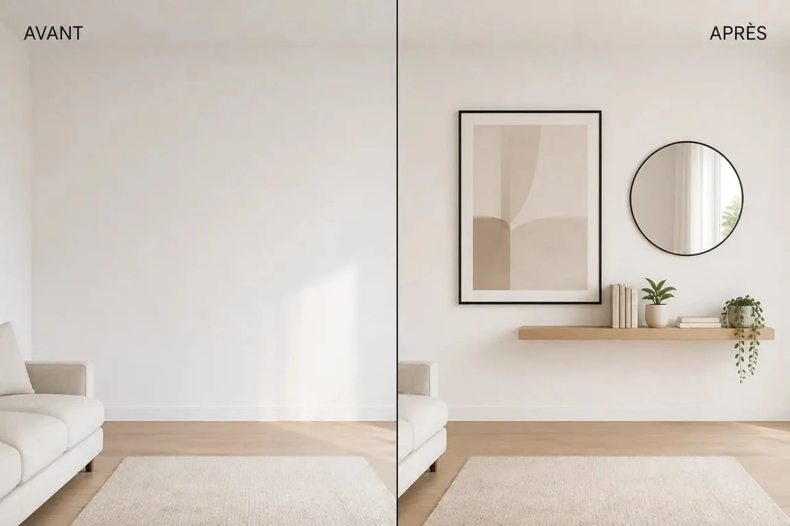 Idées pour décorer mur blanc dans un salon lumineux avec cadre, miroir et étagère