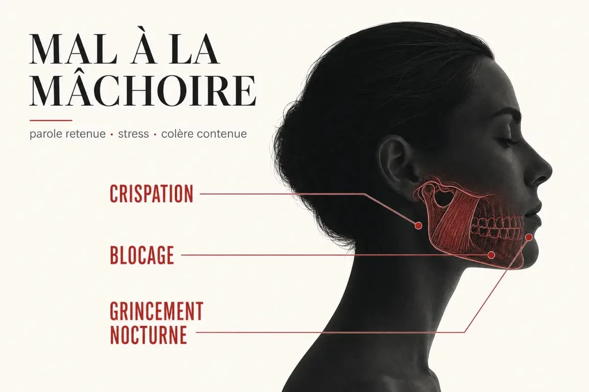 Mal à la mâchoire signification spirituelle : illustration éditoriale des tensions liées au stress, à la parole retenue et au bruxisme