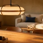 Luminaire design : suspension verre opalin fumé doré dans un intérieur contemporain