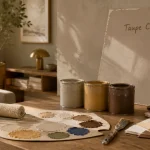 Peinture taupe dans un salon lumineux, tons mats chauds