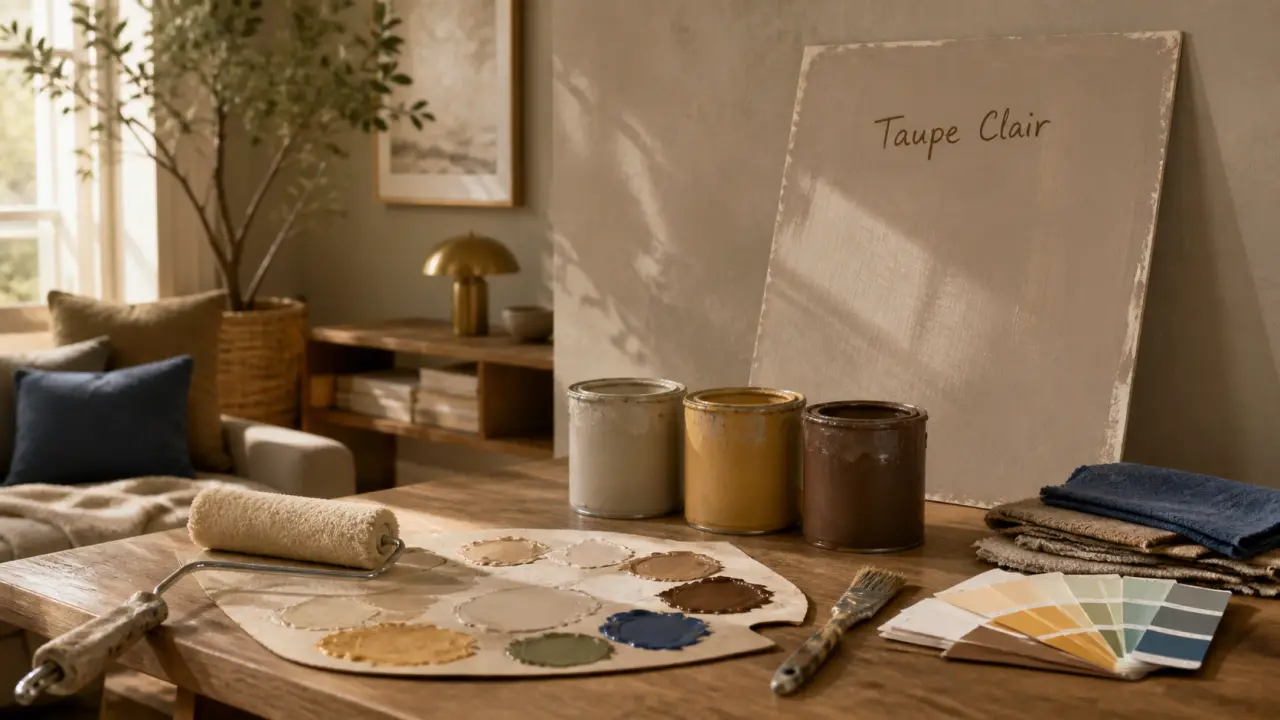 Peinture taupe dans un salon lumineux, tons mats chauds