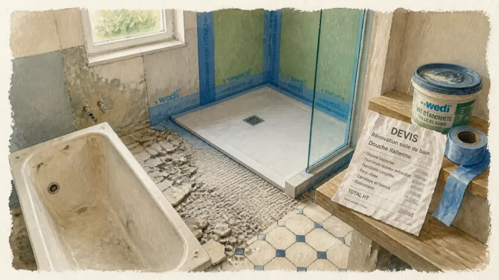 3 000 à 8 000 € pour remplacer une baignoire par une douche italienne, avec les pièges d’étanchéité à éviter