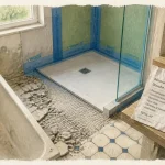 Remplacer une baignoire par douche italienne : receveur et étanchéité en cours d’installation
