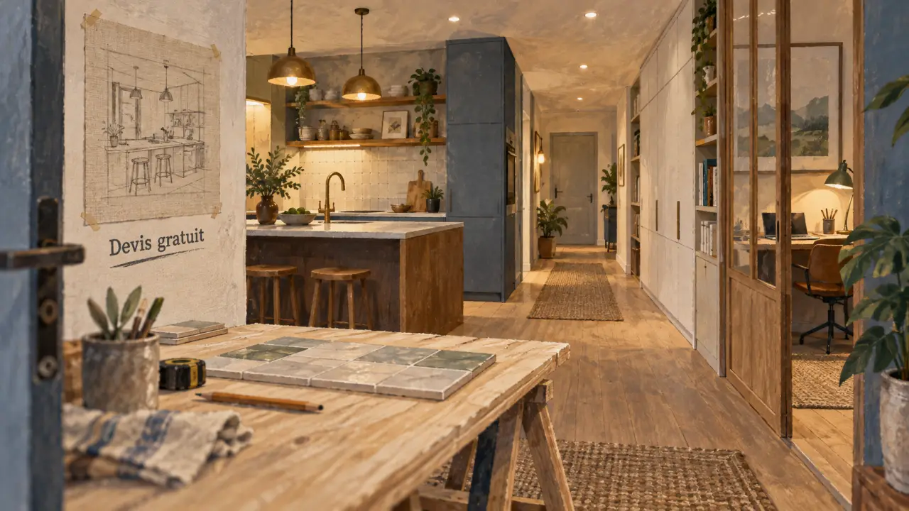 Aménagement intérieur Orléans Pithiviers : cuisine sur mesure et couloir ouvert