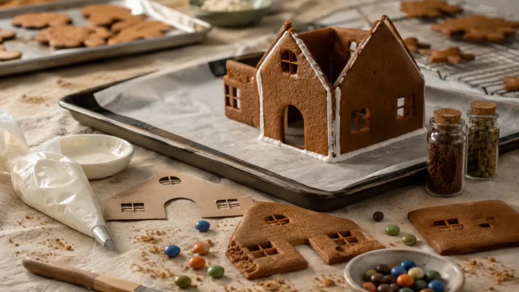 Déco maison pain d’épice : une structure stable et un glaçage qui dessine la neige