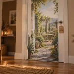 Décoration porte intérieure avec habillage adhésif sans travaux, porte blanche et jardin