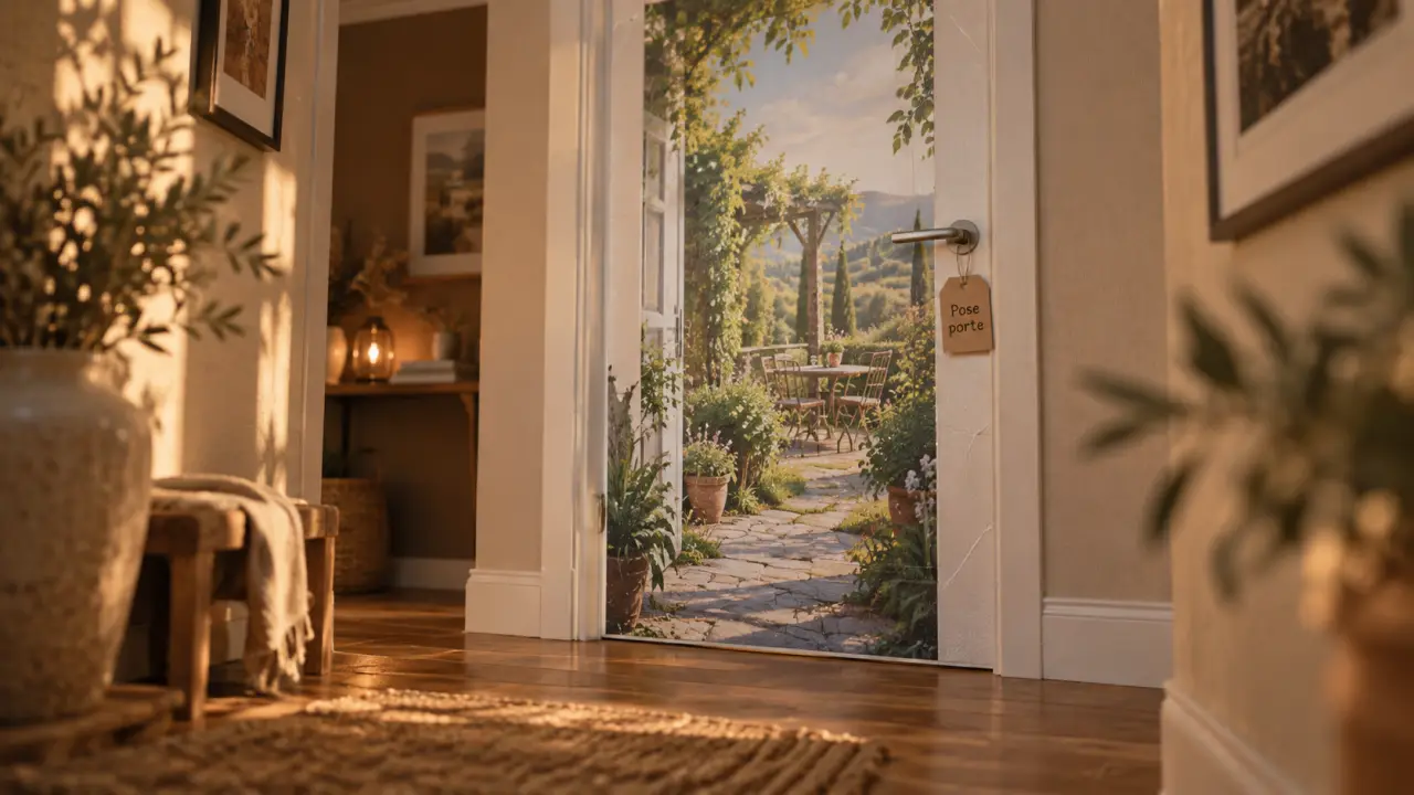 Décoration porte intérieure avec habillage adhésif sans travaux, porte blanche et jardin