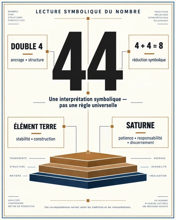 Infographie sur la 44 signification spirituelle et ses symboles de construction, d’ancrage, de patience et de responsabilité