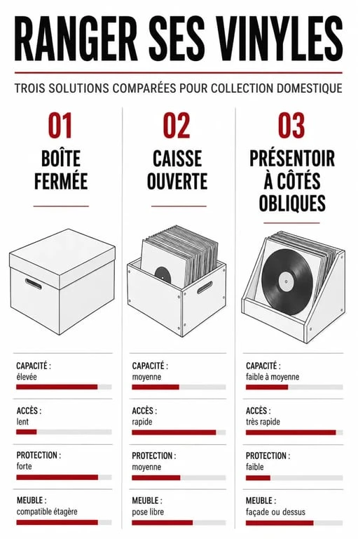 Rangement pour vinyle : comparaison visuelle entre boîte fermée, caisse ouverte et présentoir