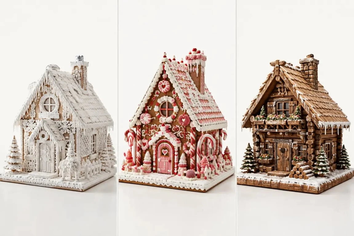 Trois idées de déco maison pain d’épice : village enneigé, maison colorée et chalet naturel