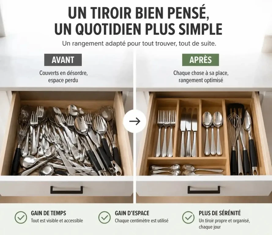 Avant après d’un rangement pour couverts organisé dans un tiroir de cuisine