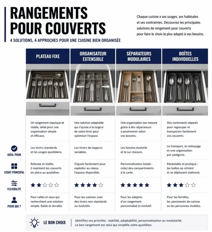 Infographie comparative des types de rangement pour couverts
