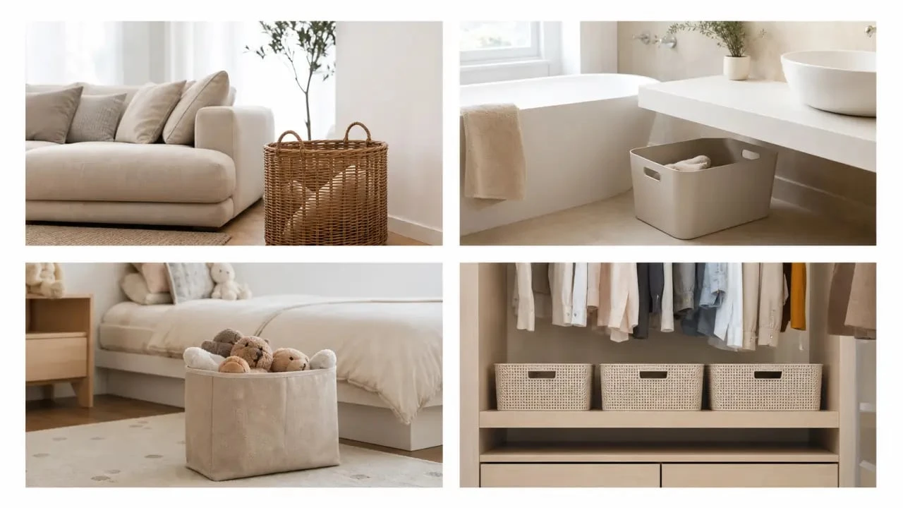 Paniers de rangement comparés dans un salon, une salle de bains, une chambre d’enfant et un dressing
