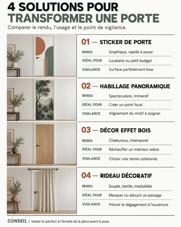 Comparaison des solutions de décoration porte intérieure : sticker, habillage, effet bois et rideau décoratif