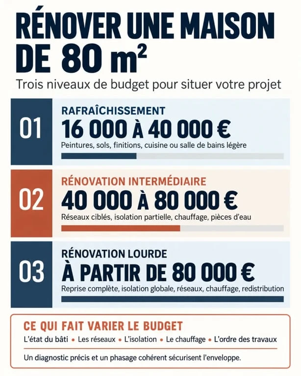 Infographie du coût de rénovation d’une maison de 80 m² selon trois niveaux de travaux