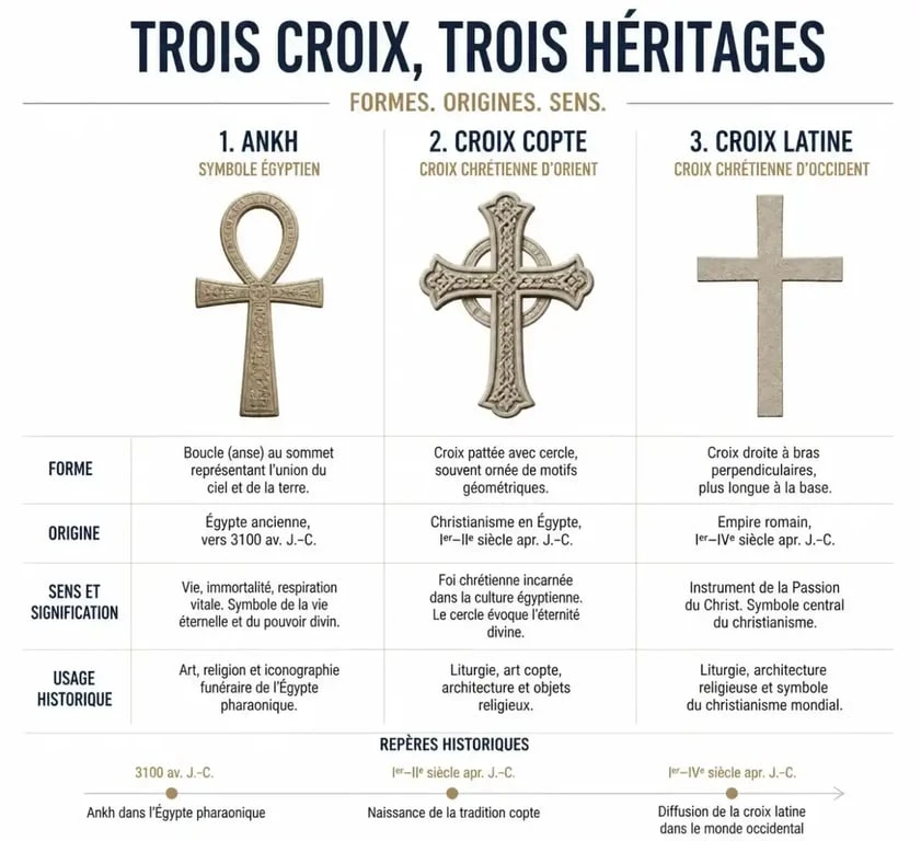 Comparaison visuelle entre la croix égyptienne ankh et la croix chrétienne