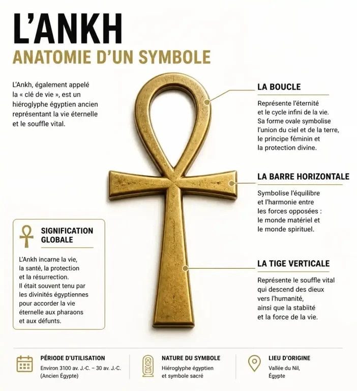 Schéma explicatif de la signification ankh et de ses différentes parties symboliques