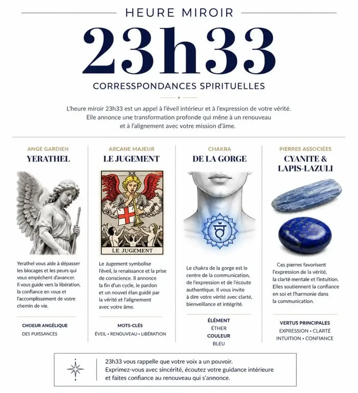 Signification spirituelle de l'heure miroir 23h33 : ange Yerathel, tarot et chakras