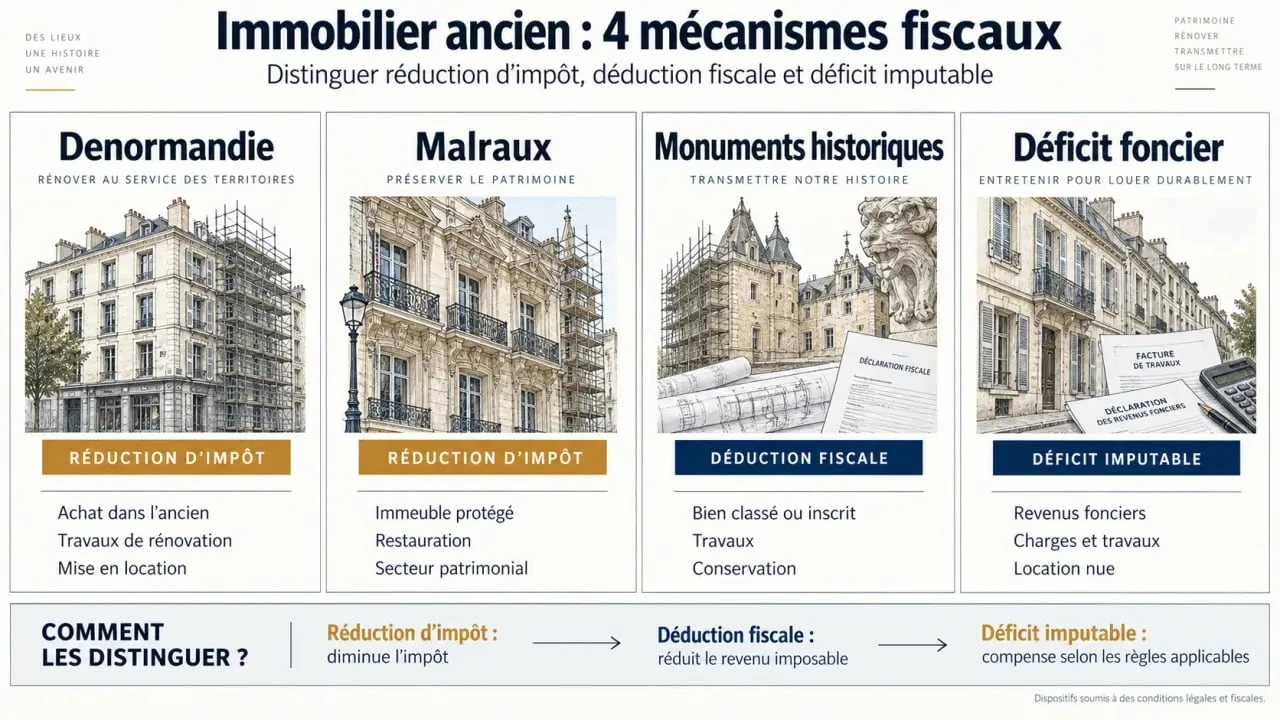 Infographie sur la réduction impôt achat immobilier ancien et les principaux dispositifs fiscaux