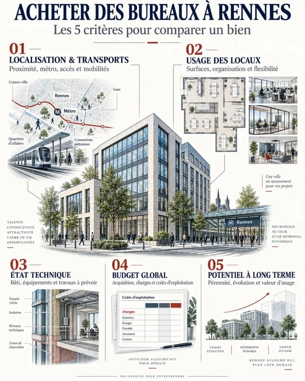 Infographie sur l'achat de bureaux à Rennes et les critères de comparaison