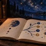 Étoile signification spirituelle, bijou étoile en laiton sur autel avec bougie et infographie