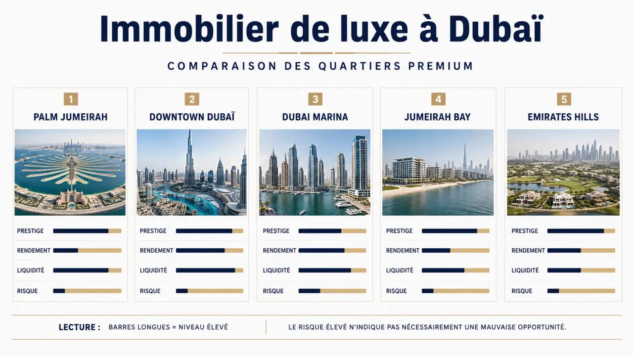 Investir dans l’immobilier de luxe à Dubaï : comparaison visuelle des quartiers premium