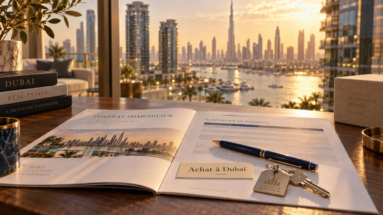 Achat Dubai appartement : contrat immobilier et clés devant skyline