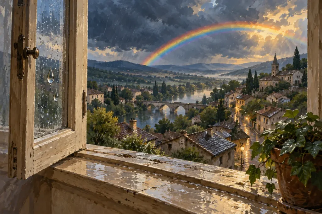 L’arc-en-ciel symbolise l’espoir, l’alliance et le passage, sans message universel