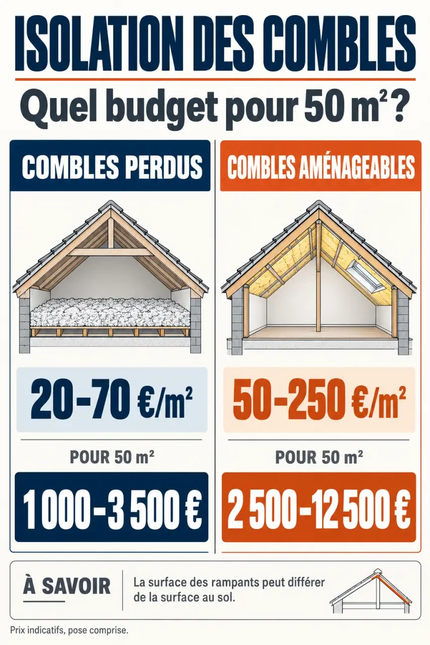 Infographie du prix de l'isolation des combles pour 50 m² selon la configuration