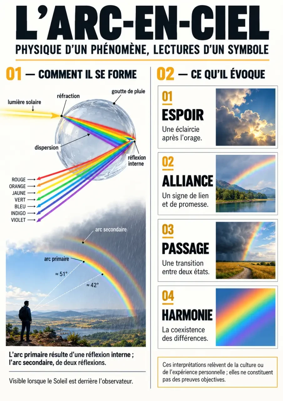 Arc en ciel signification spirituelle : phénomène optique et symboles d’espoir, d’alliance, de passage et d’harmonie