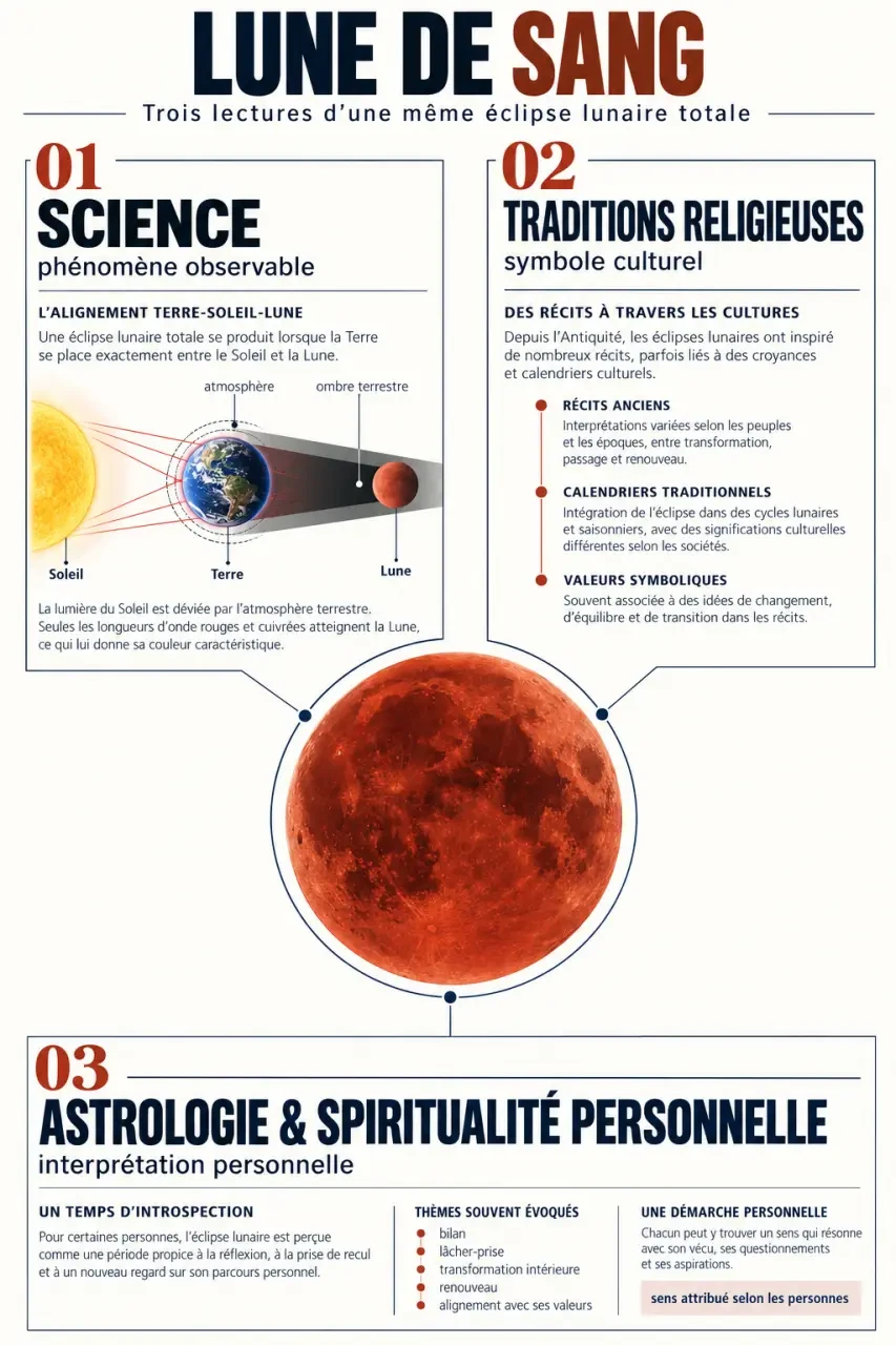 Lune de sang signification spirituelle : comparaison entre science, traditions religieuses et astrologie