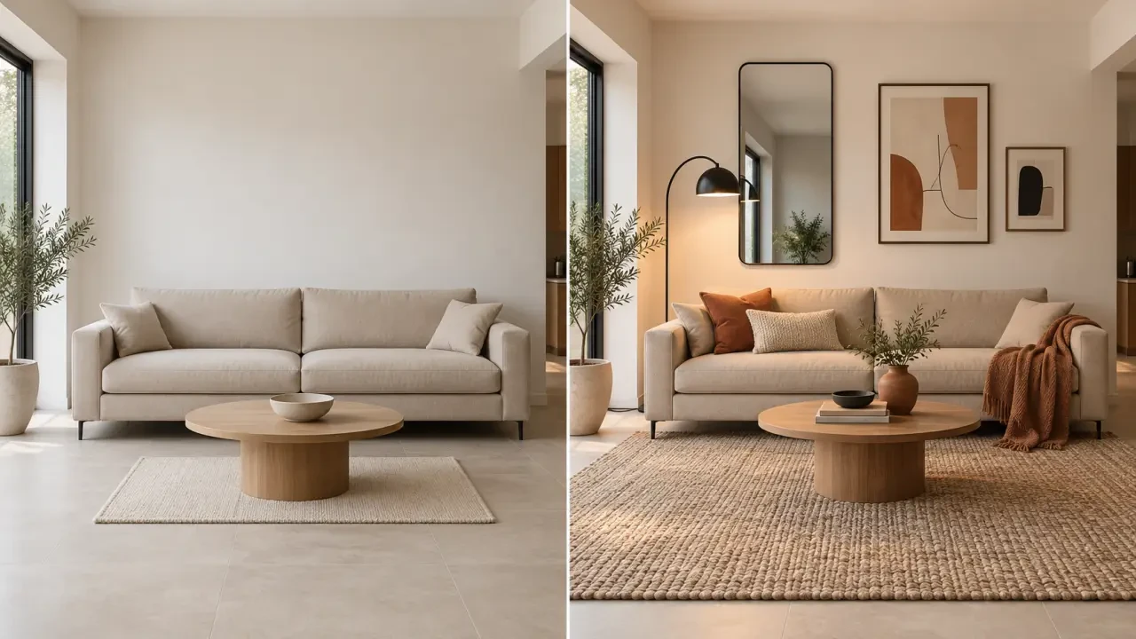 Avant après de décoration intérieure BUT pour mieux proportionner tapis, miroir et décoration murale