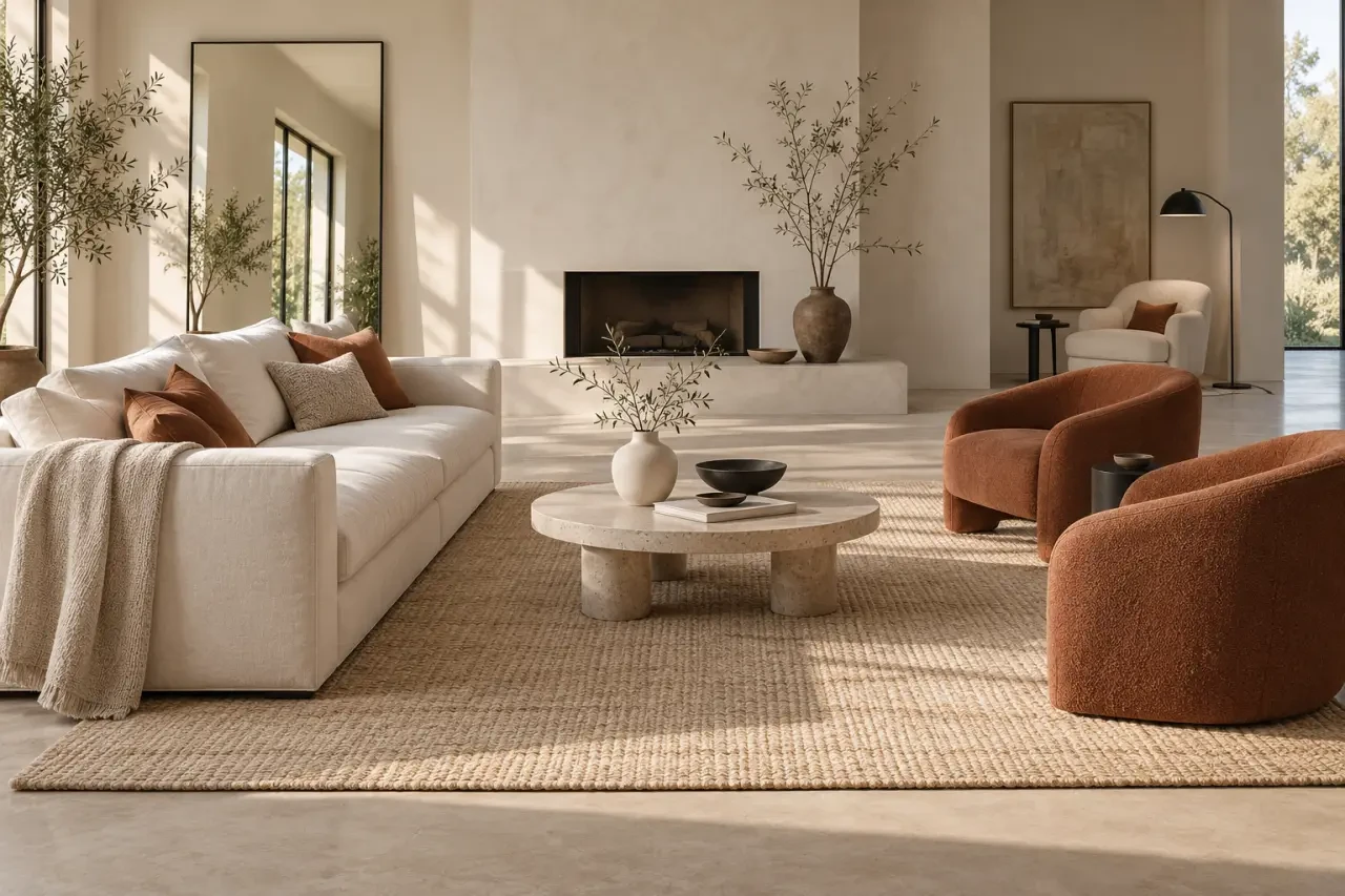Inspiration de décoration intérieure BUT avec tapis, lampe et miroir dans un salon chaleureux