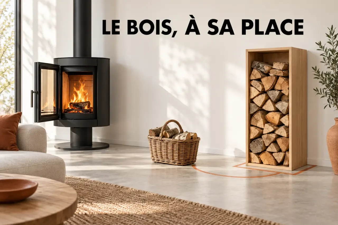 Rangement bois intérieur intégré près d'un poêle sans gêner la circulation