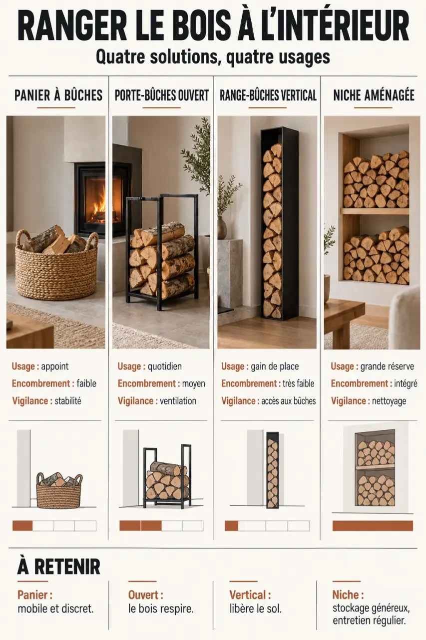 Infographie comparative des solutions de rangement bois intérieur