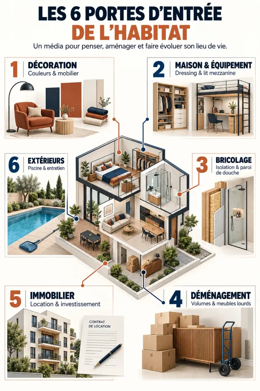 Infographie des rubriques de Tip Top Déco et Maison pour trouver des conseils sur l’habitat