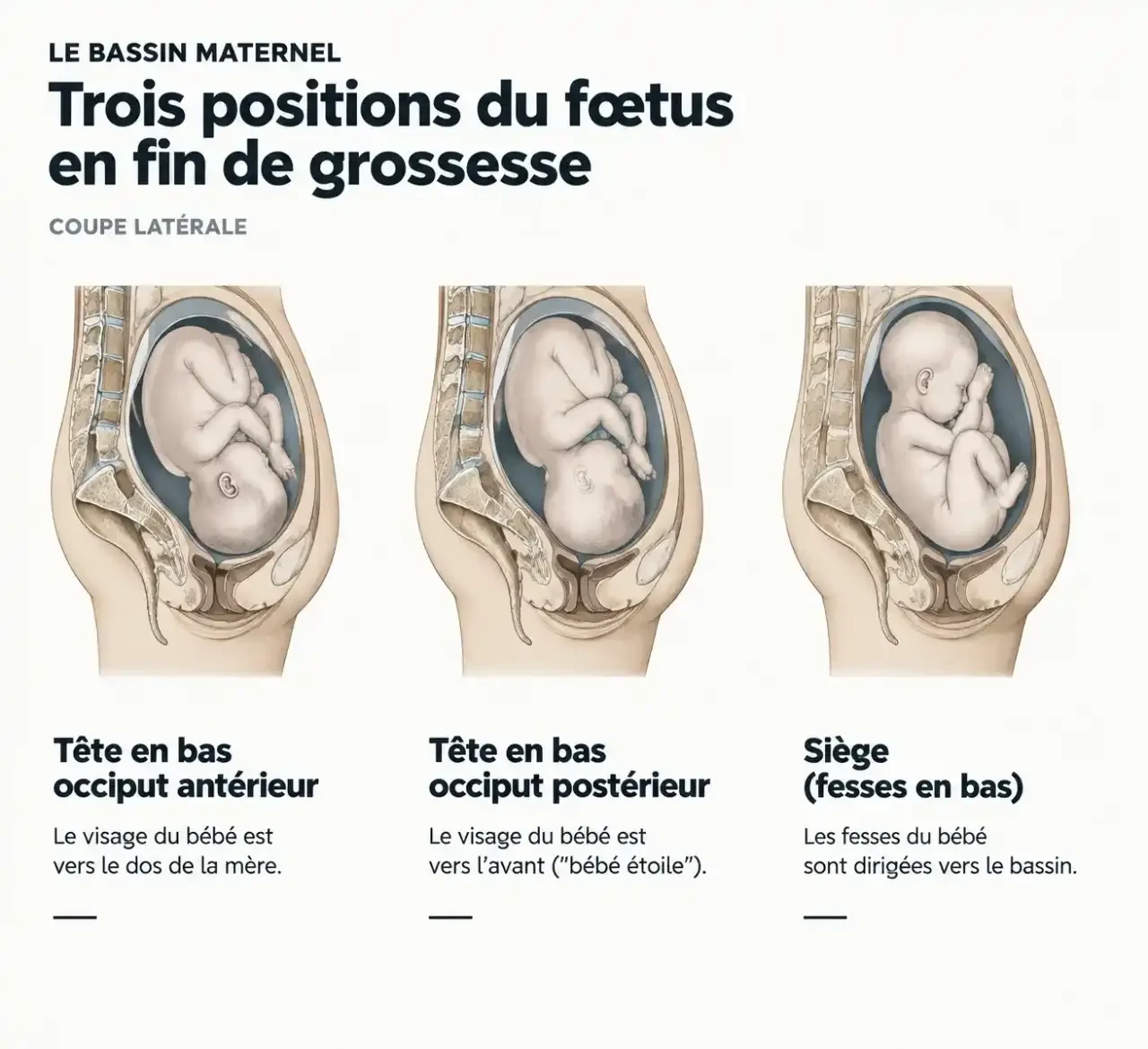 Schéma de l'accouchement avec un bébé qui regarde vers le haut : comparaison des positions occipito-antérieure, occipito-postérieure et siège