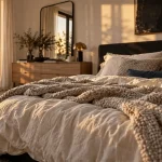 Noir et blanc chambre, linge blanc et murs clairs