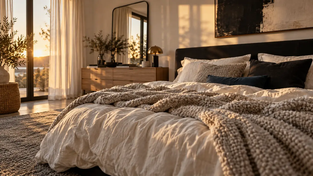 Noir et blanc chambre, linge blanc et murs clairs